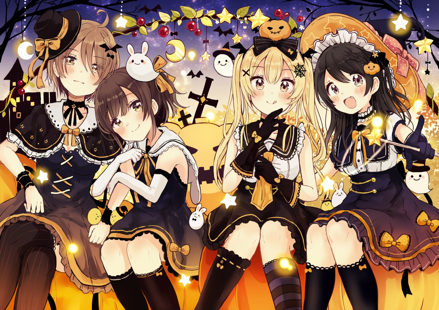 cleavage dress halloween higuchi_kaede_(swing!) miyasato_haruka okamoto_natsuhi sakura_oriko swing!! thighhighs witch yokomine_ibuki