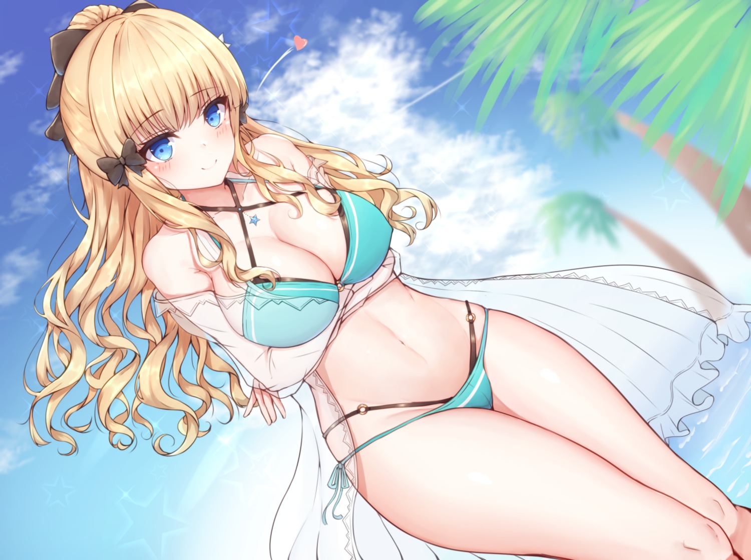 bikini breast_hold cleavage open_shirt princess_connect princess_connect!_re:dive ryakusun sasaki_saren see_through swimsuits