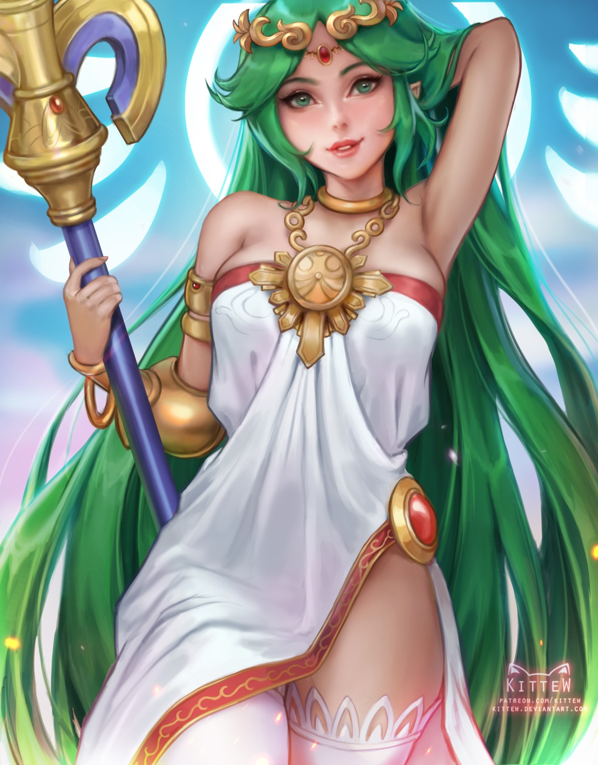 daria_leonova dress kid_icarus no_bra palutena pointy_ears thighhighs weapon