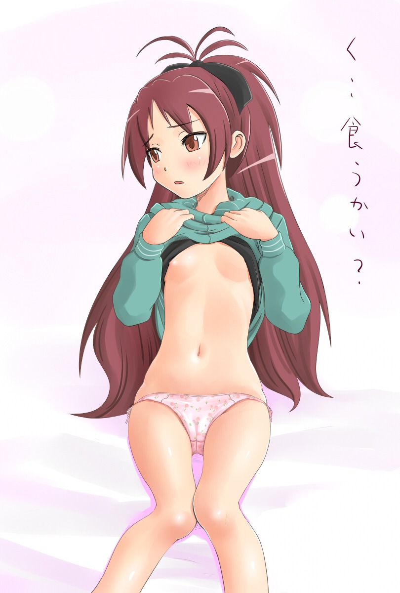 cameltoe loli nipples no_bra pantsu panty_pull puella_magi_madoka_magica sakura_kyouko shirt_lift shuuji_(shumi)