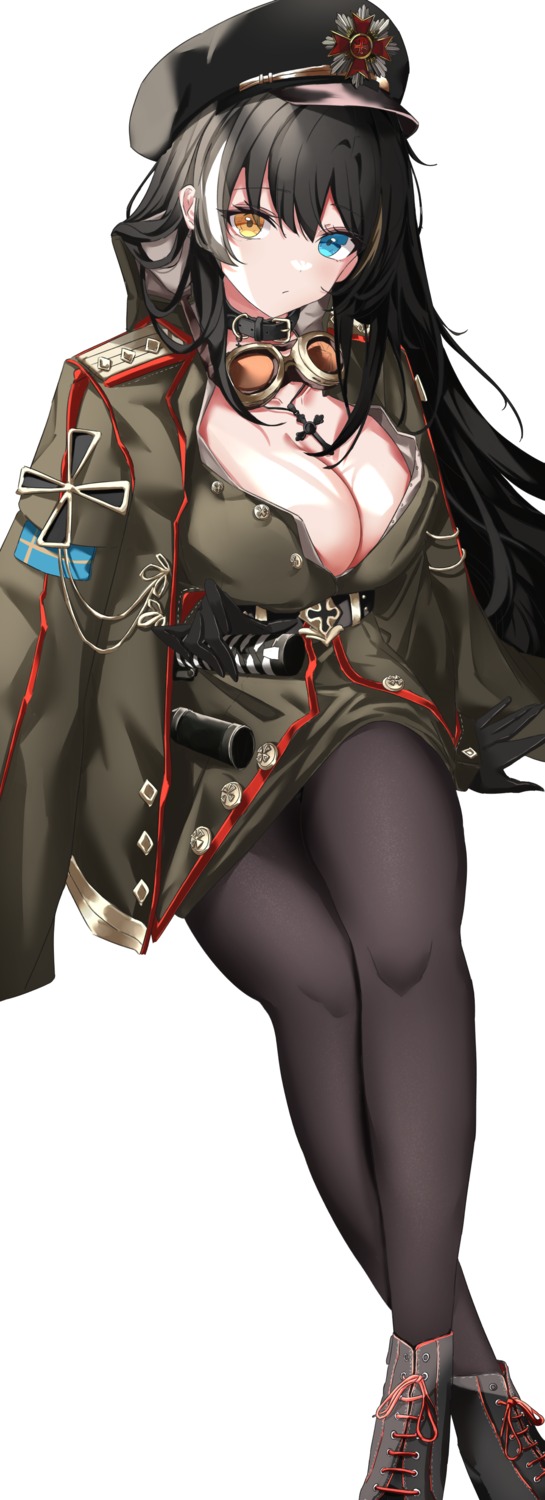 heterochromia no_bra open_shirt pantyhose skirt_lift uniform vayneeeee