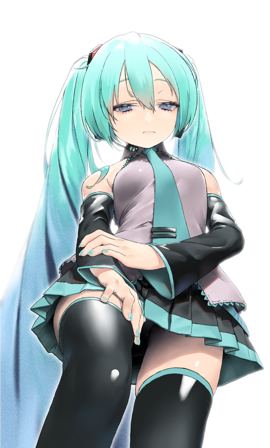 hatsune_miku headphones pantsu rsk_(tbhono) skirt_lift thighhighs vocaloid