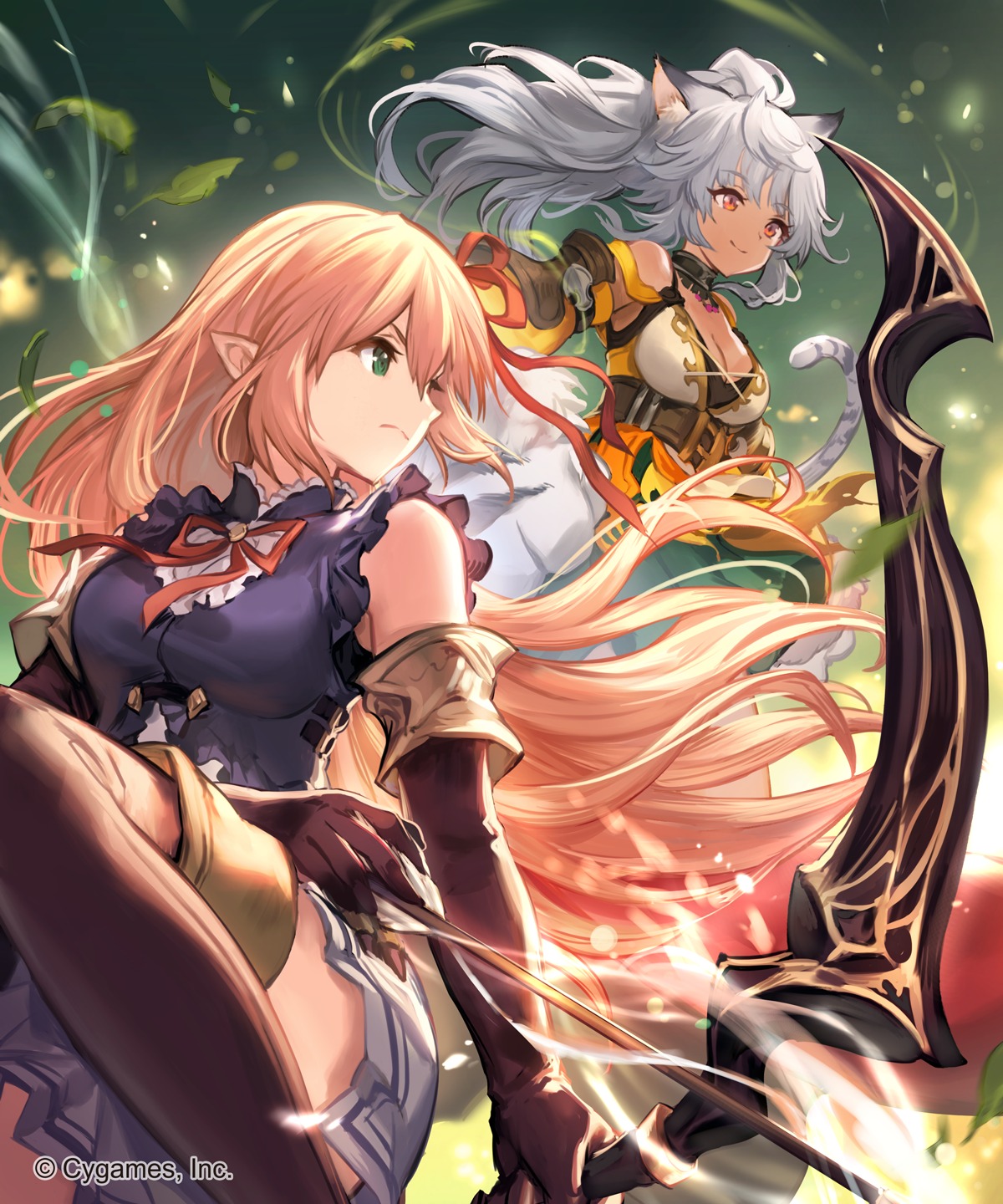 animal_ears arisa_(shadowverse) cleavage lee_hyeseung pointy_ears shadowverse skirt_lift tail thighhighs weapon