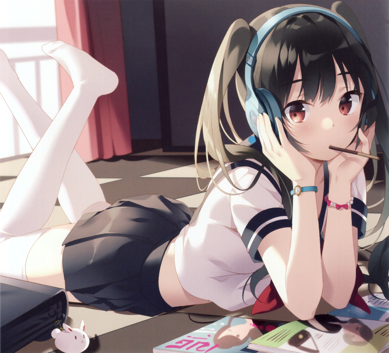 headphones riv seifuku thighhighs