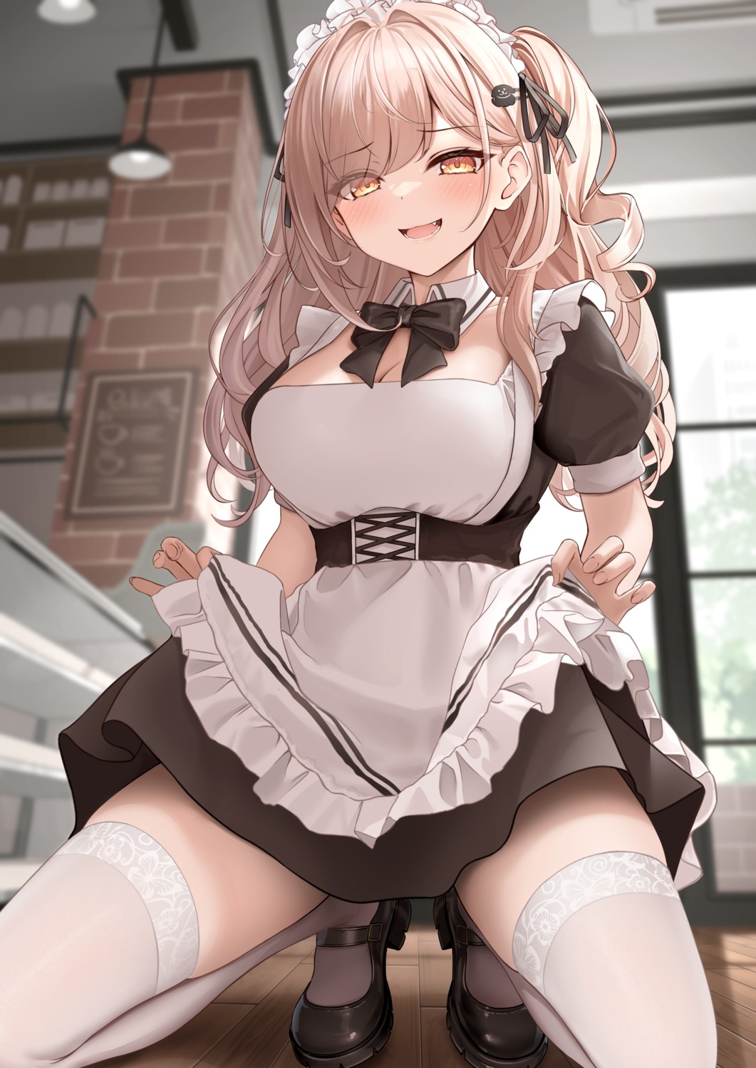cleavage maid monaka_curl skirt_lift thighhighs undressing waitress