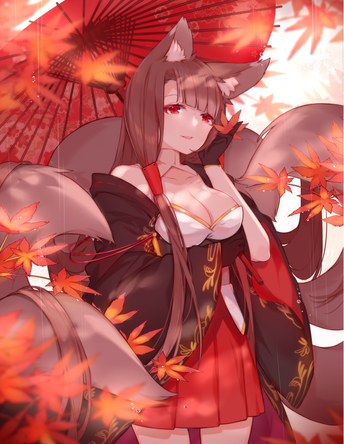 akagi_(azur_lane) animal_ears azur_lane cleavage kitsune miyuki_(miyuki0529) tail umbrella