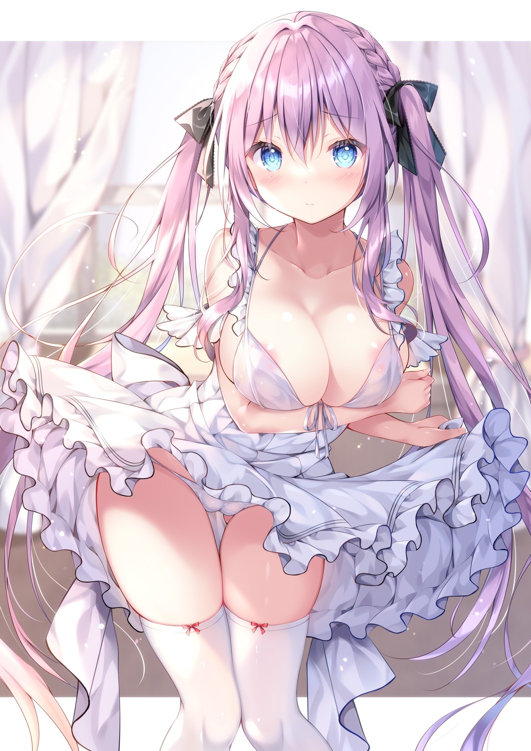 areola breast_hold cameltoe dress no_bra pantsu skirt_lift thighhighs thong undressing watagashi_yui