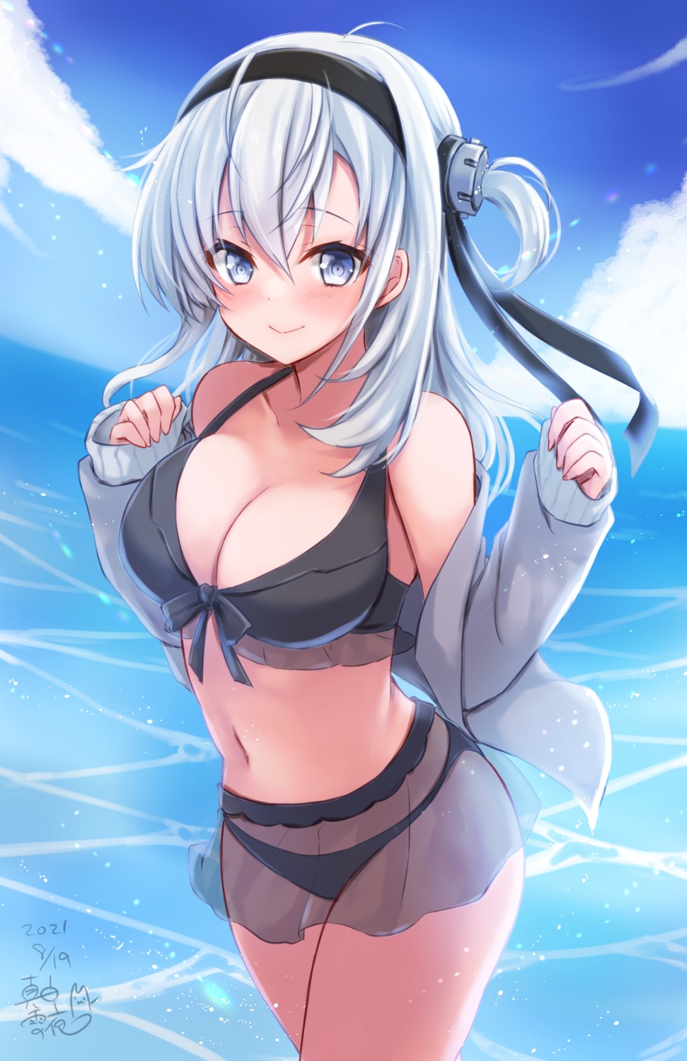 bikini cleavage kantai_collection mashiro_yukiya open_shirt see_through suzutsuki_(kancolle) swimsuits