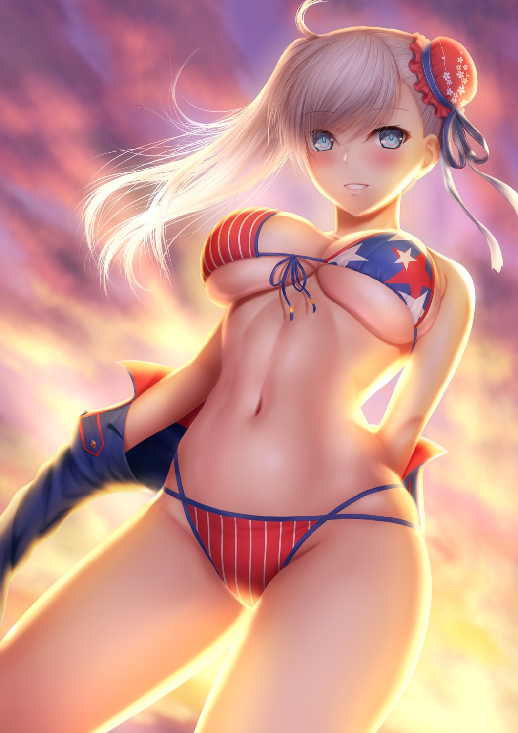 bikini fate/grand_order masatoki miyamoto_musashi_(fate/grand_order) open_shirt swimsuits underboob