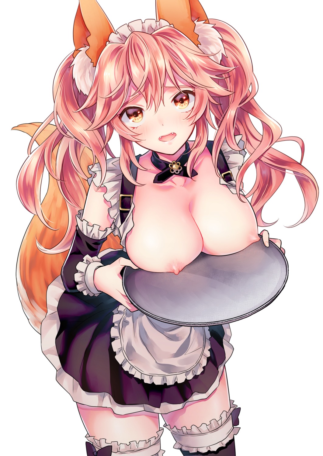 animal_ears breasts fate/grand_order maid nipples no_bra siihachi tail tamamo_no_mae thighhighs