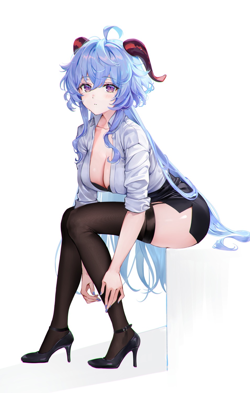 bra dress_shirt ganyu genshin_impact heels horns open_shirt rity see_through stockings thighhighs