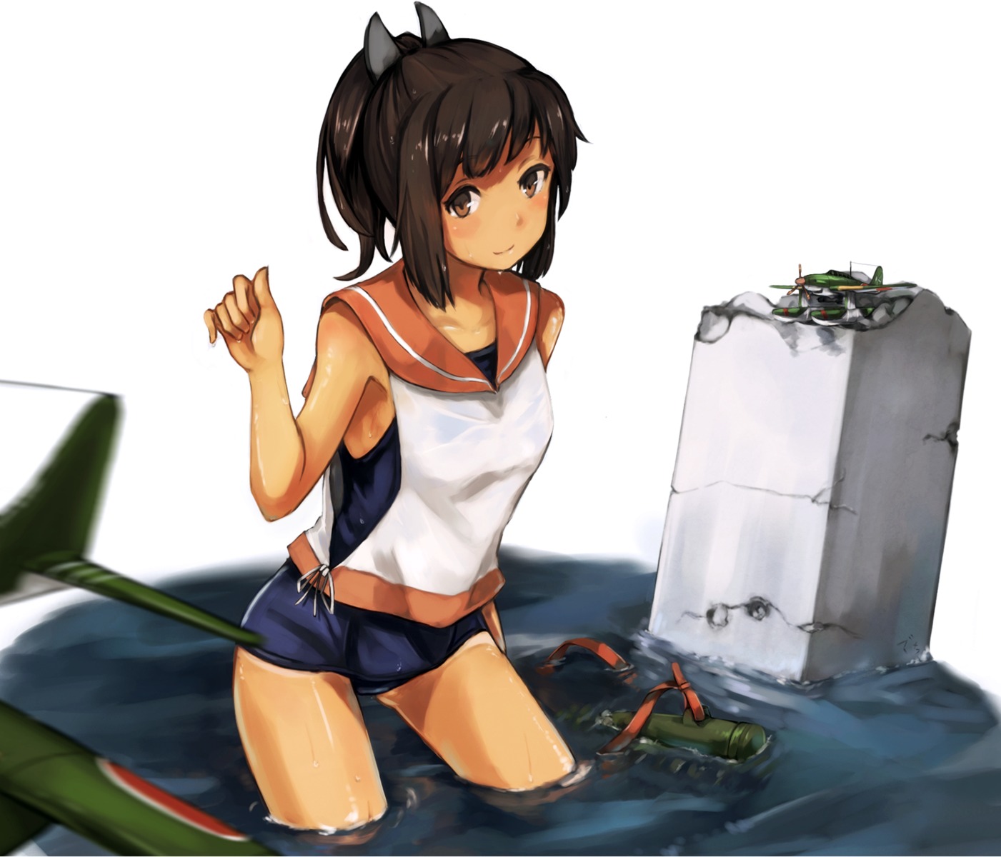 aramaki_echizen i-401_(kancolle) kantai_collection school_swimsuit seifuku swimsuits tan_lines wet