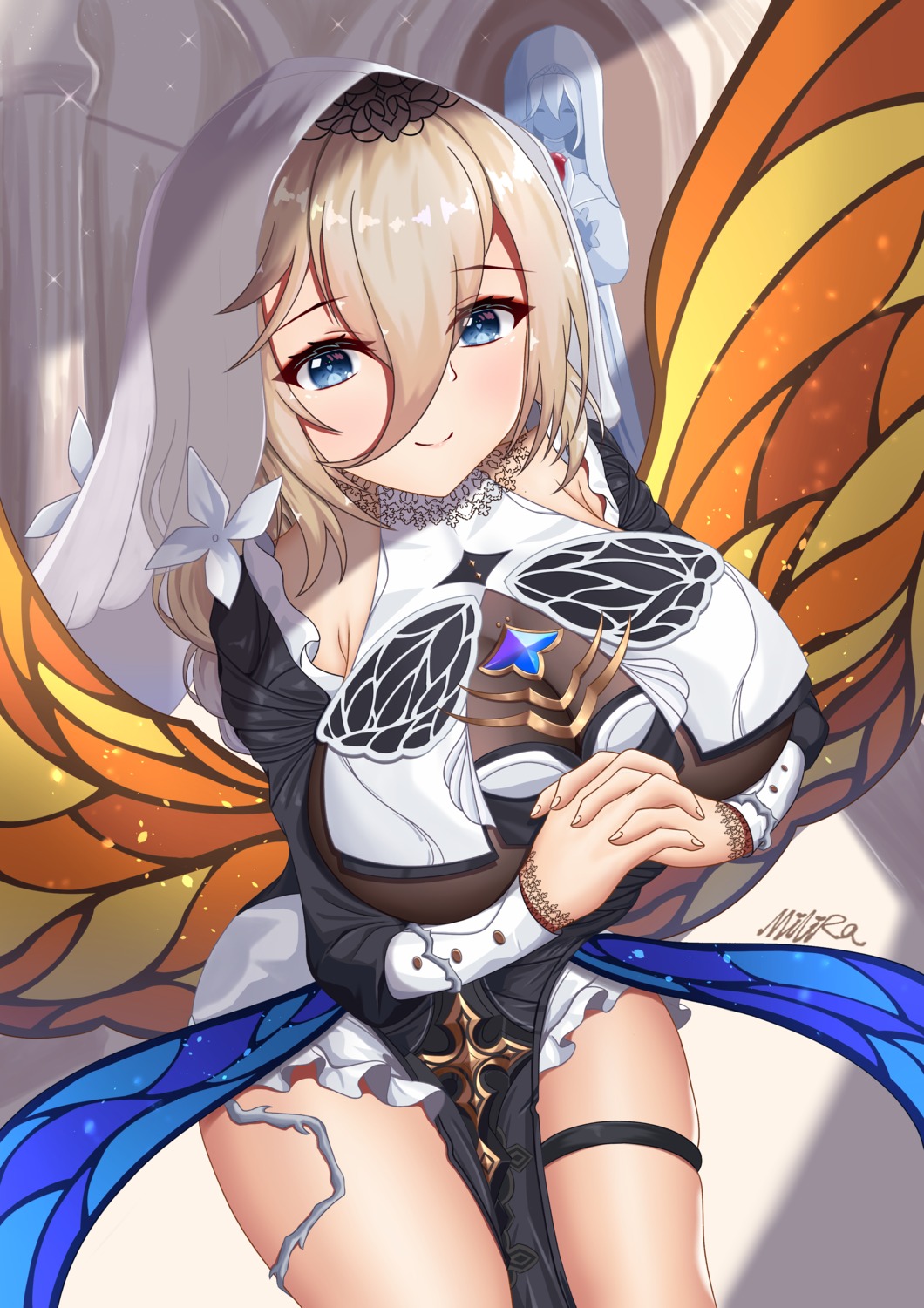 aponia_(honkai_impact) benghuai_xueyuan garter honkai_impact milira no_bra nun see_through wings