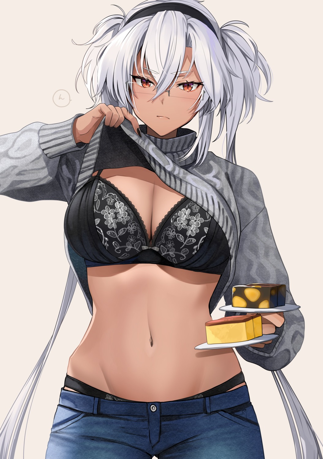 bra cleavage kantai_collection megane musashi_(kancolle) pantsu shirt_lift sweater undressing yunamaro