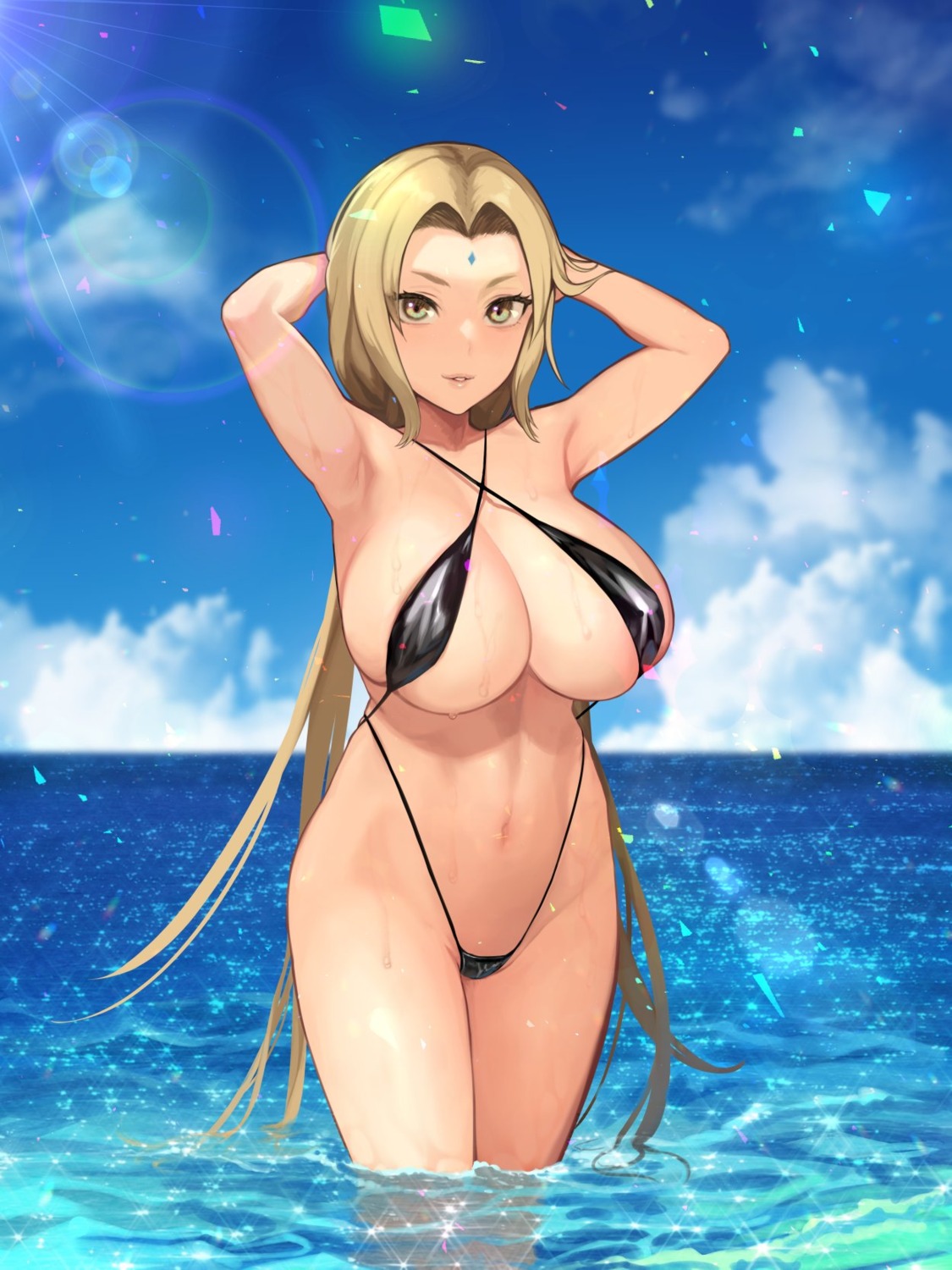 bikini erect_nipples naruto swimsuits thong tsunade wet yuzuriha_(active_homing)