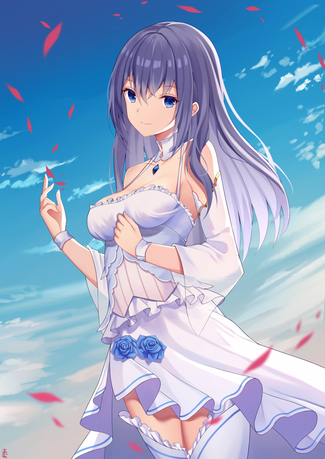 angel_no_shousou breast_hold cleavage dress no_bra skirt_lift thighhighs