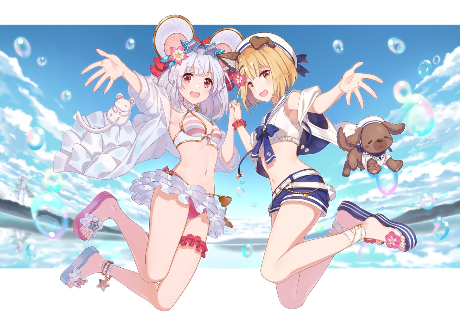 animal_ears bikini garter granblue_fantasy inumimi jiman megane open_shirt see_through seifuku skirt_lift swimsuits vajra_(granblue_fantasy) vikala_(granblue_fantasy)