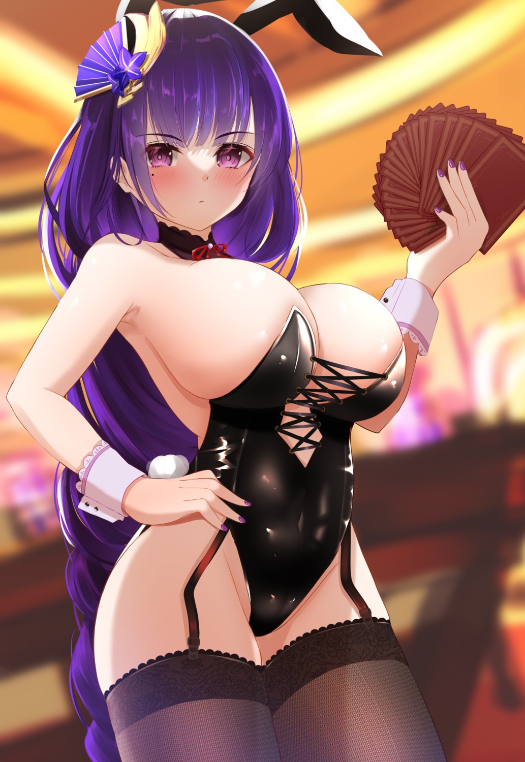 animal_ears balut bunny_ears bunny_girl fishnets genshin_impact no_bra raiden_shogun stockings tail thighhighs