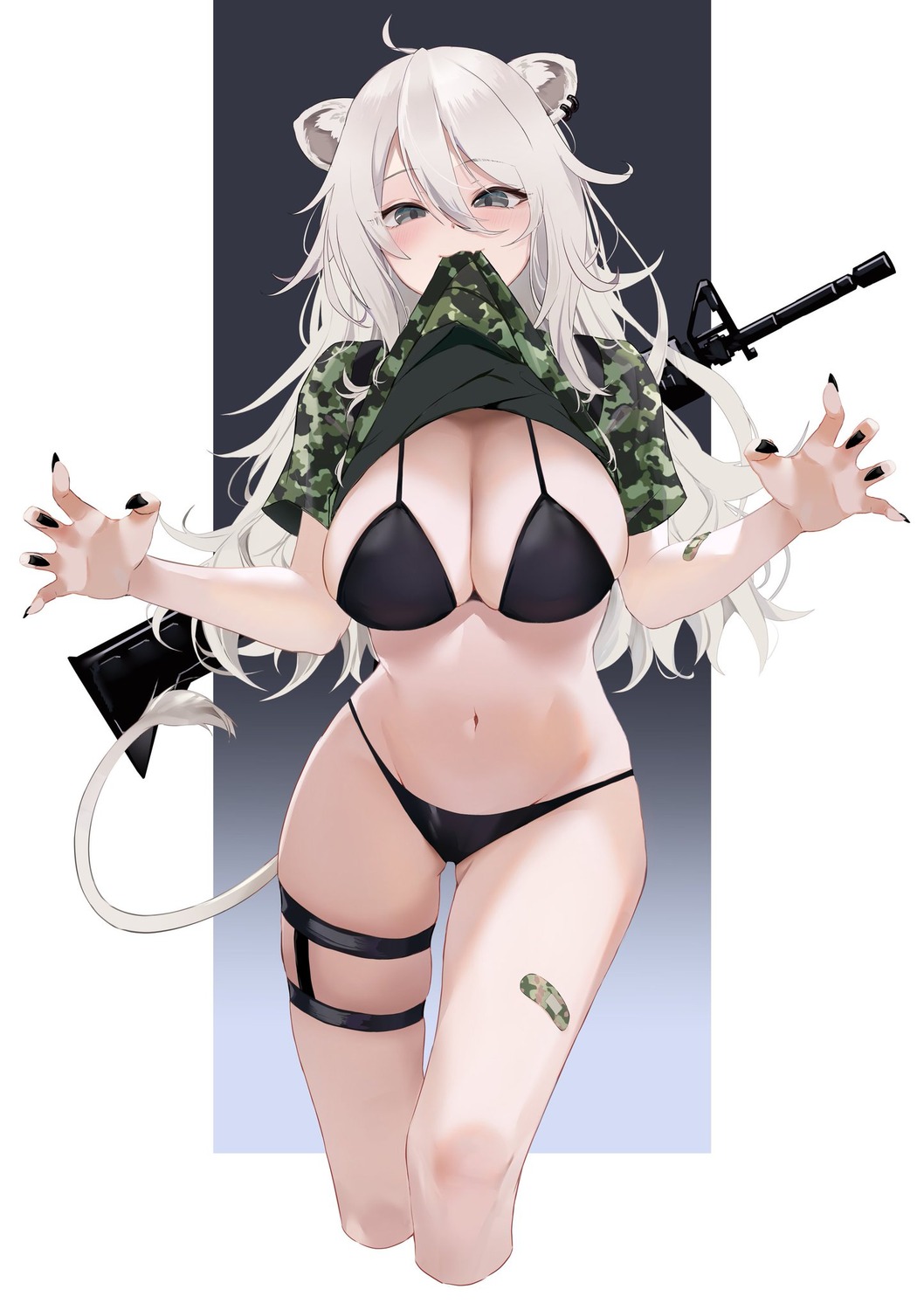 animal_ears aya02ka bandaid bikini garter gun hololive shirt_lift shishiro_botan swimsuits tail