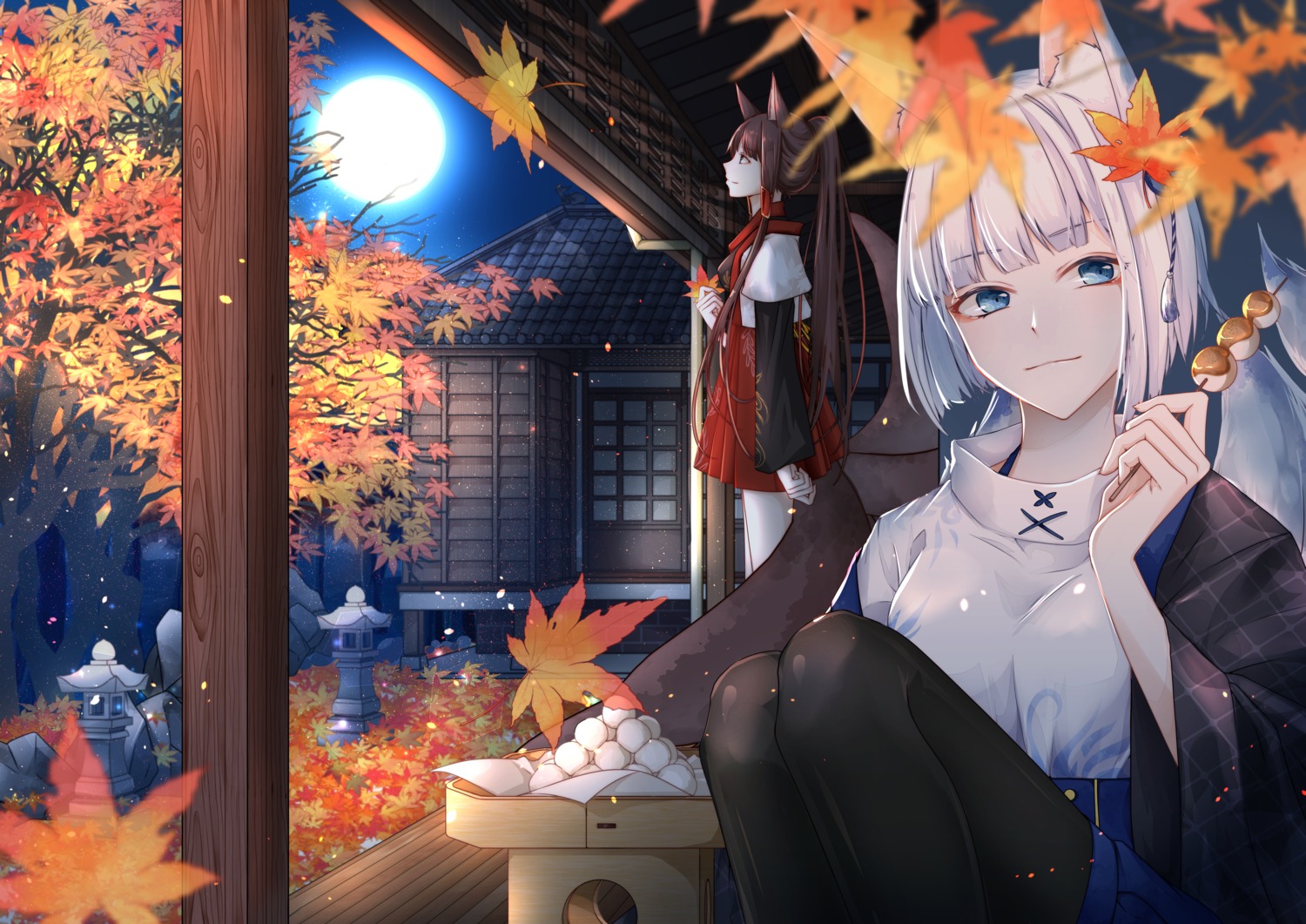 akagi_(azur_lane) animal_ears azur_lane japanese_clothes kaga_(azur_lane) kitsune lianlian pantyhose tail