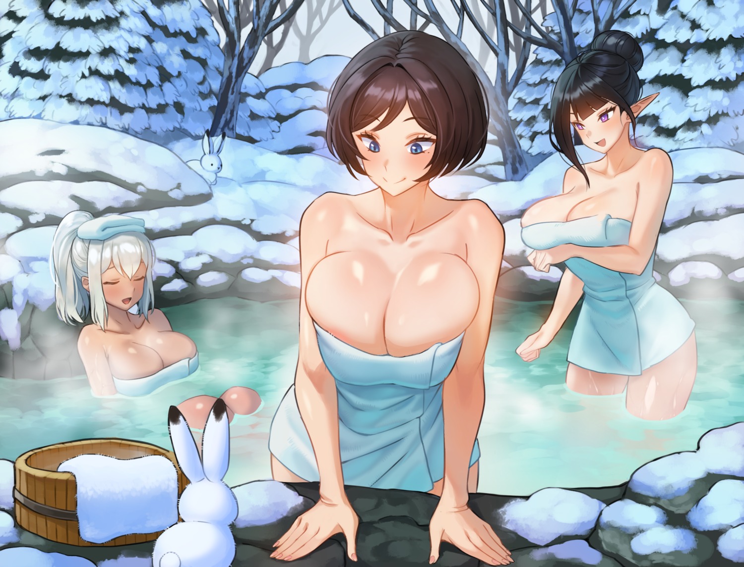 bathing breast_hold elf kkamja onsen pointy_ears towel wet