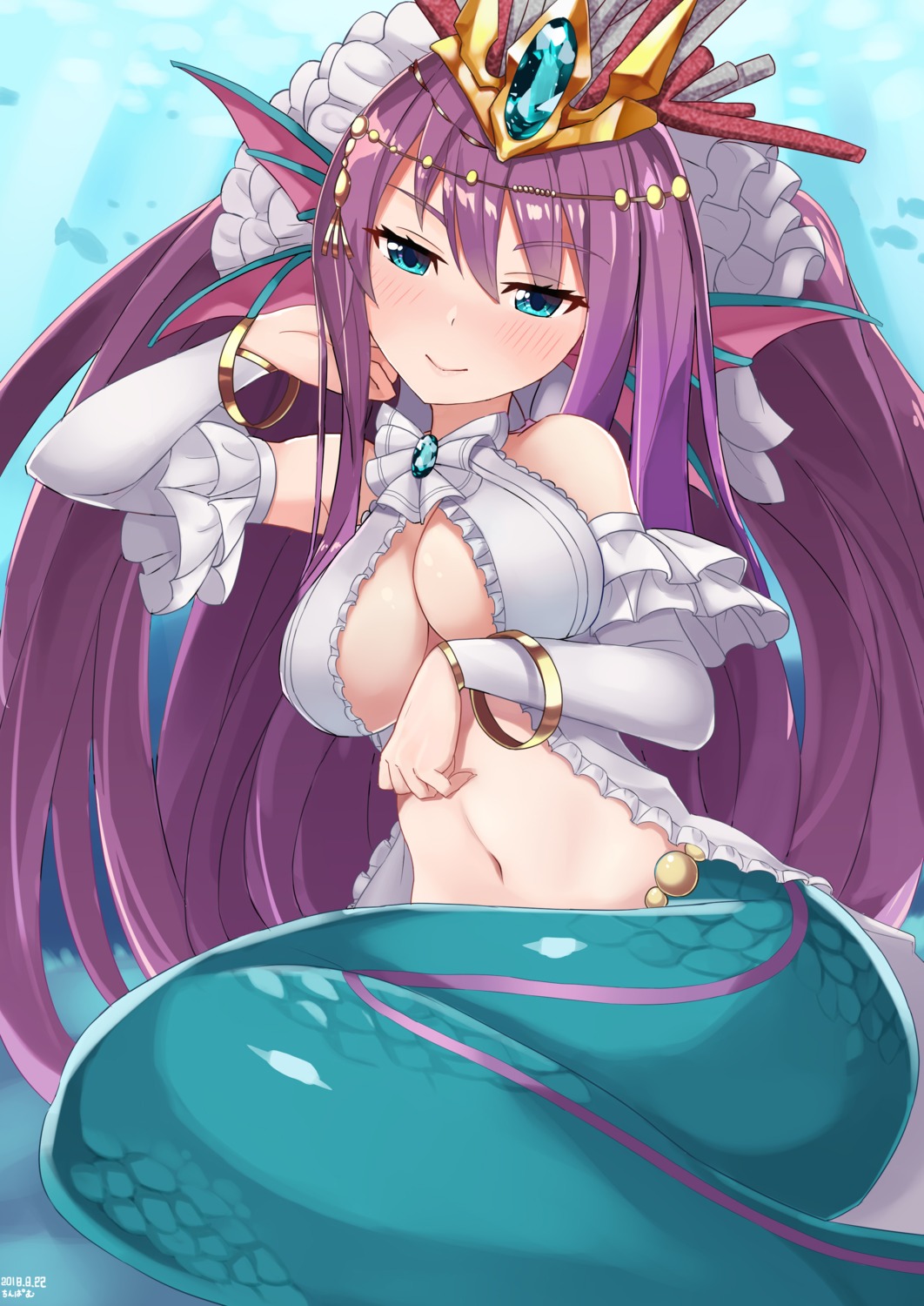 breast_hold mermaid monster_girl no_bra open_shirt pointy_ears puzzle_&_dragons tail tinpam