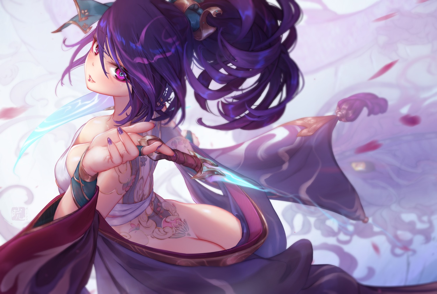 akali ass japanese_clothes league_of_legends mitsu_(mitsu_art) nopan open_shirt sarashi tattoo weapon