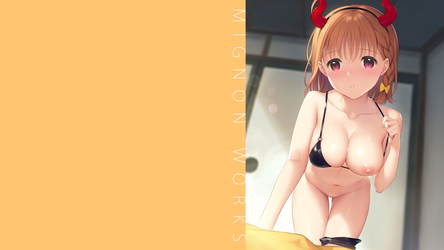 bikini breasts horns love_live!_sunshine!! mignon nipples panty_pull pointy_ears swimsuits takami_chika undressing wallpaper