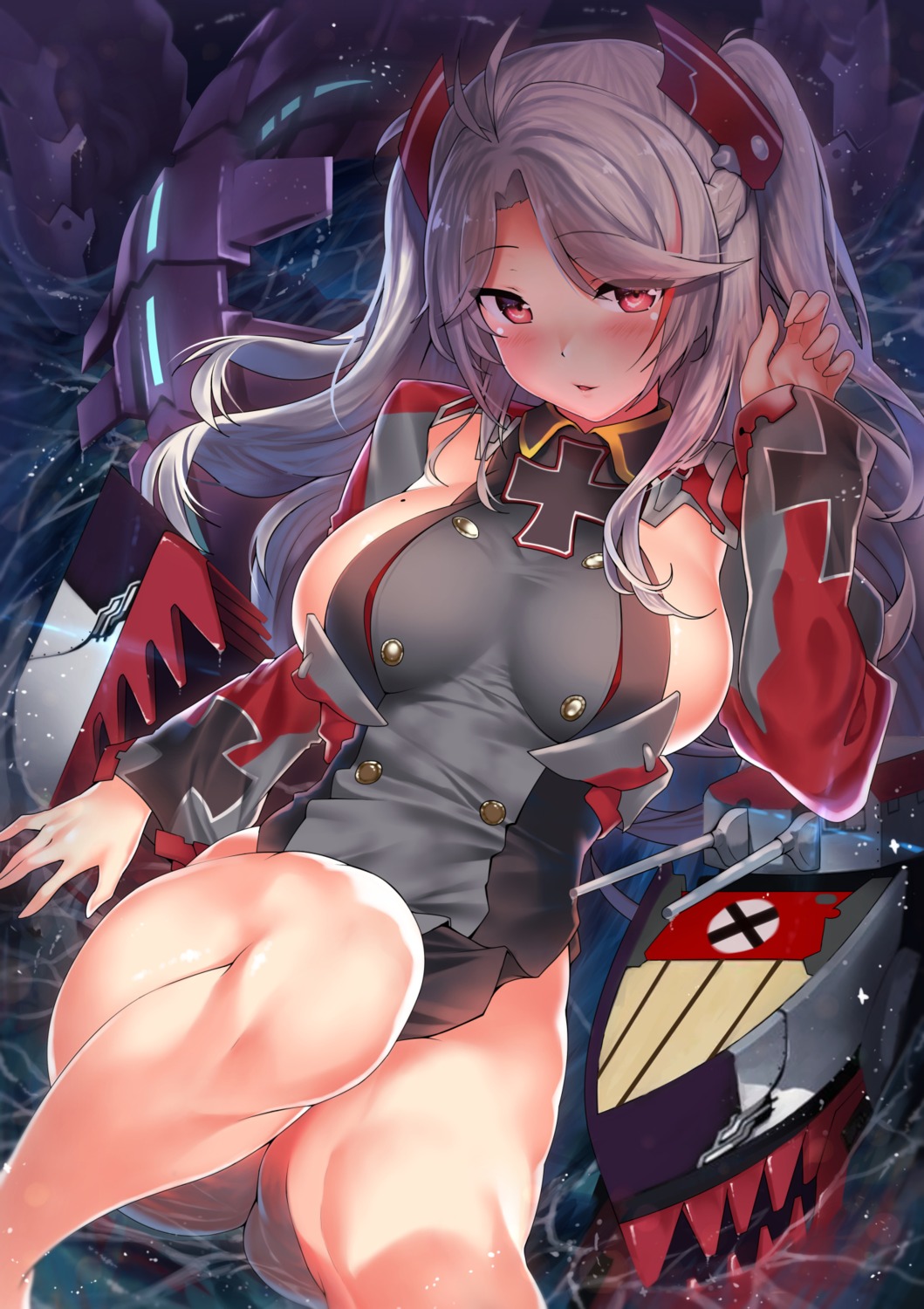 azur_lane kawai no_bra nopan prinz_eugen_(azur_lane) skirt_lift uniform wet