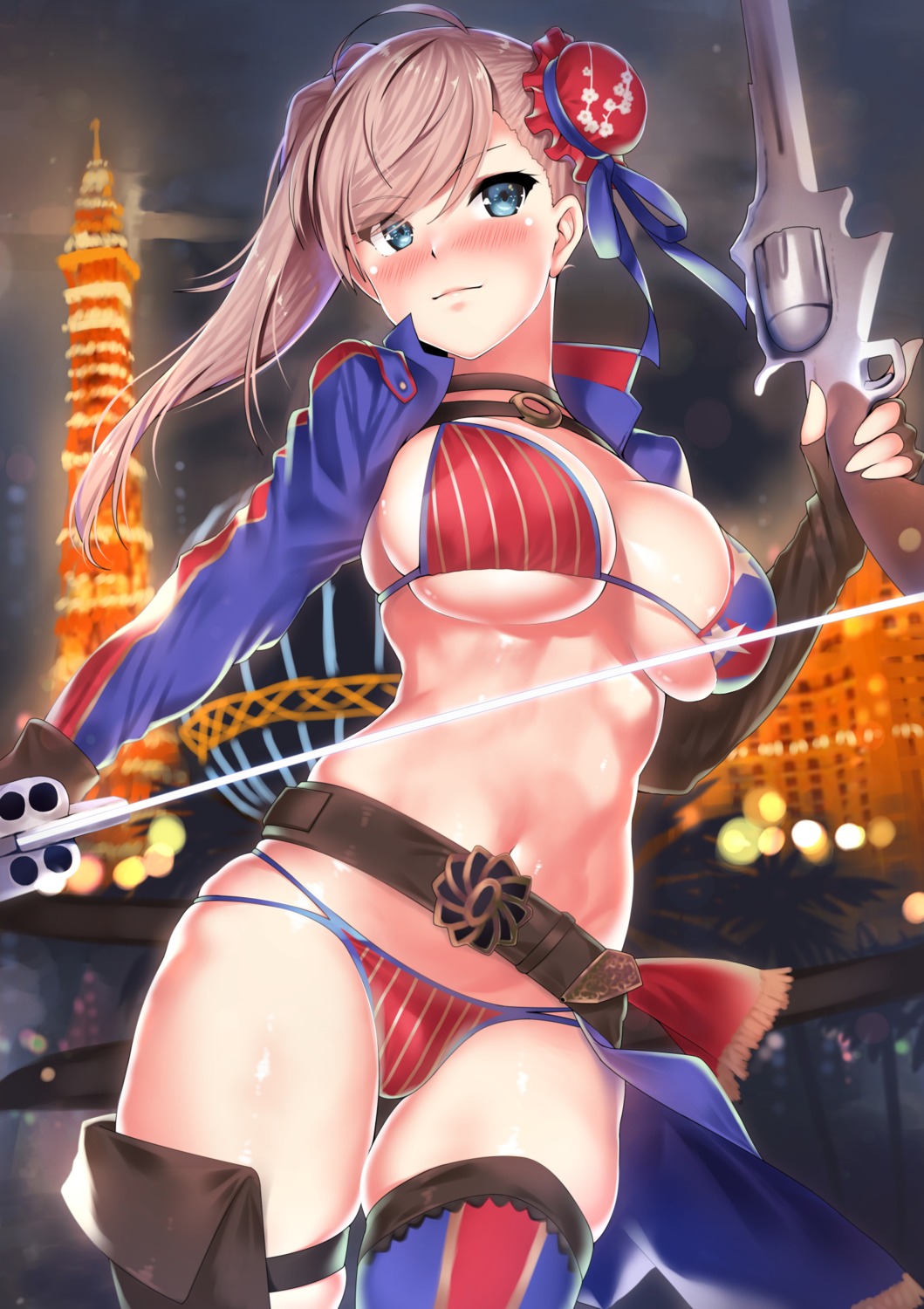 bikini fate/grand_order garter gun kawai miyamoto_musashi_(fate/grand_order) swimsuits sword thighhighs