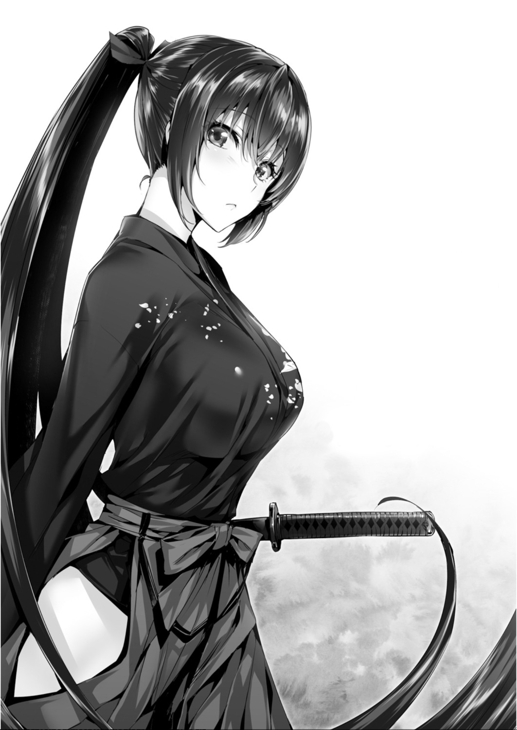 hisasi japanese_clothes monochrome monogusa_neneko_no_taida_na_tanteicho sword yomisaka_neneko