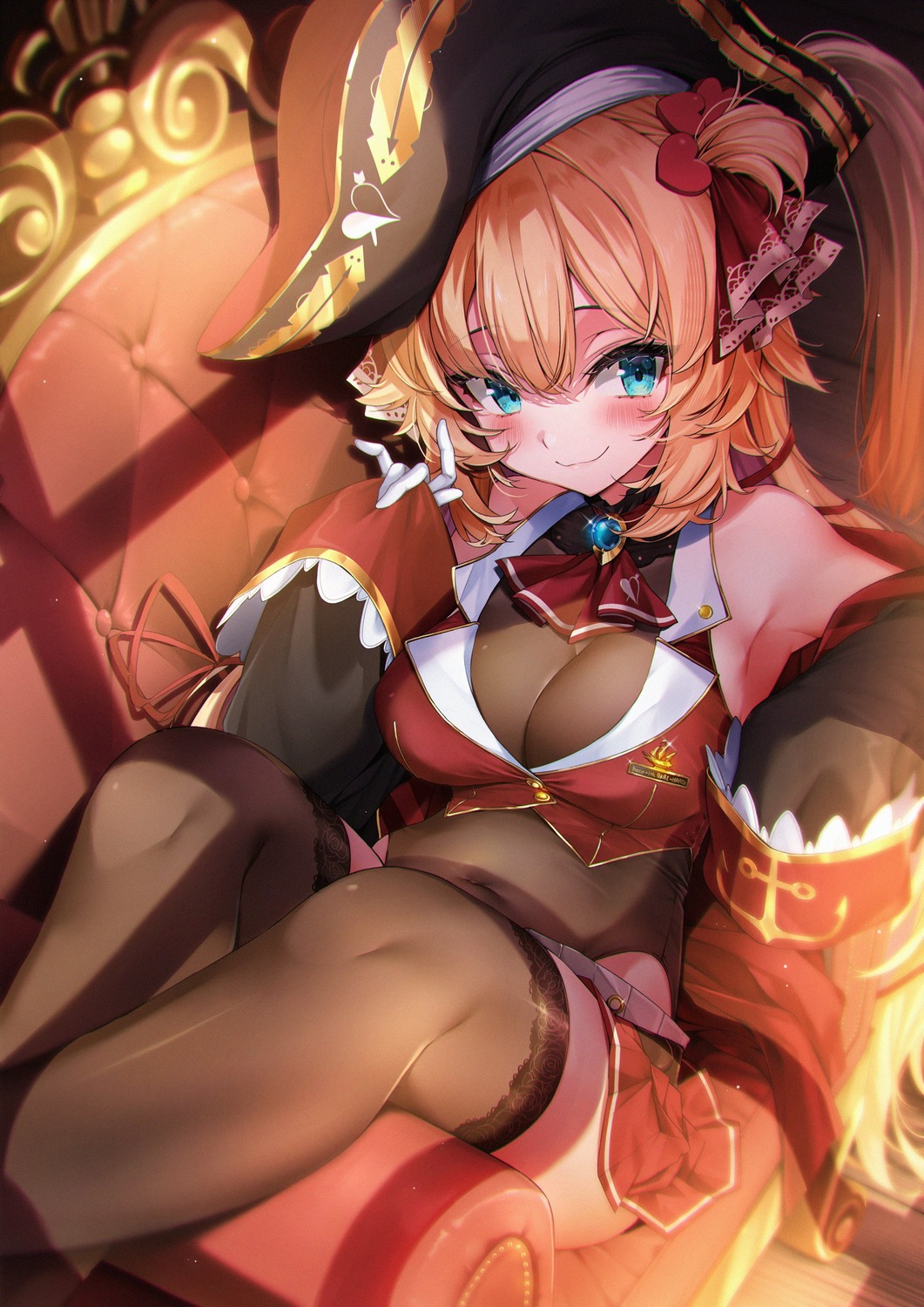 akai_haato cleavage cosplay hololive houshou_marine makinan pirate see_through thighhighs