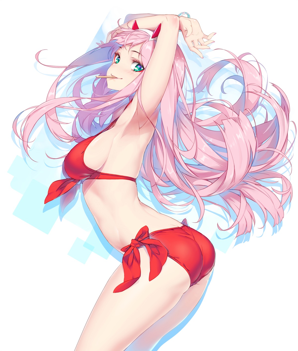 ass bikini darling_in_the_franxx hong_(white_spider) horns swimsuits zero_two_(darling_in_the_franxx)