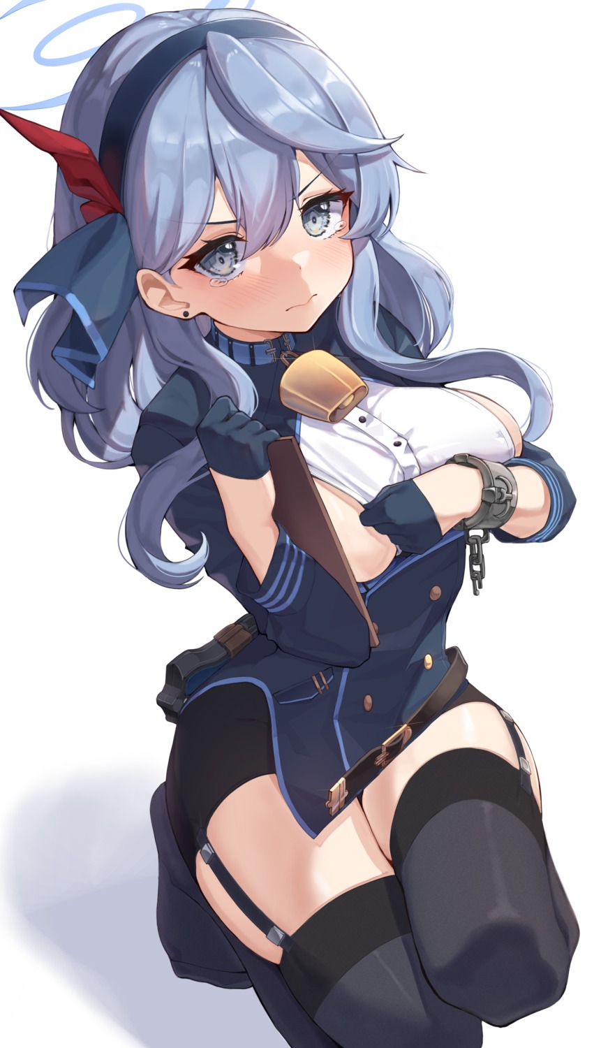 amau_ako blue_archive breast_hold halo no_bra pomp_(qhtjd0120) stockings thighhighs uniform