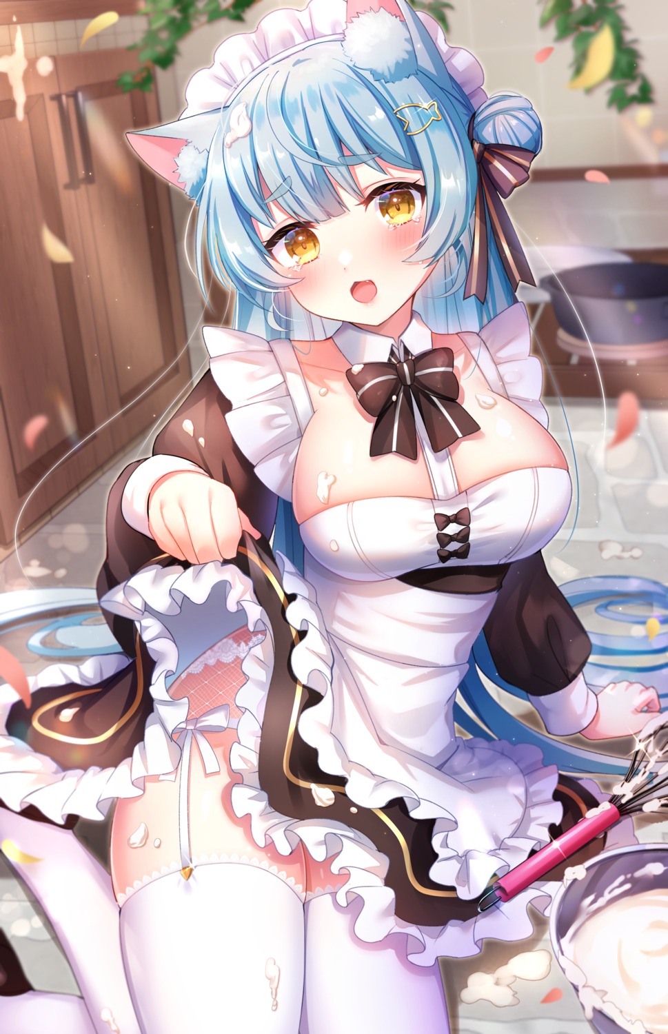 animal_ears cream maid nekomimi no_bra skirt_lift stockings thighhighs umishima_rinta