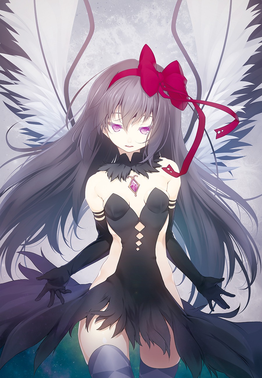 akemi_homura dress nilitsu puella_magi_madoka_magica thighhighs wings