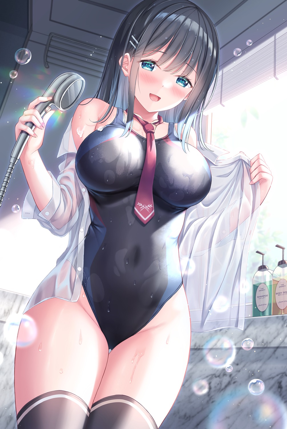 bathing see_through seifuku swimsuits thighhighs undressing wet_clothes yuriko_(jun&yuri)