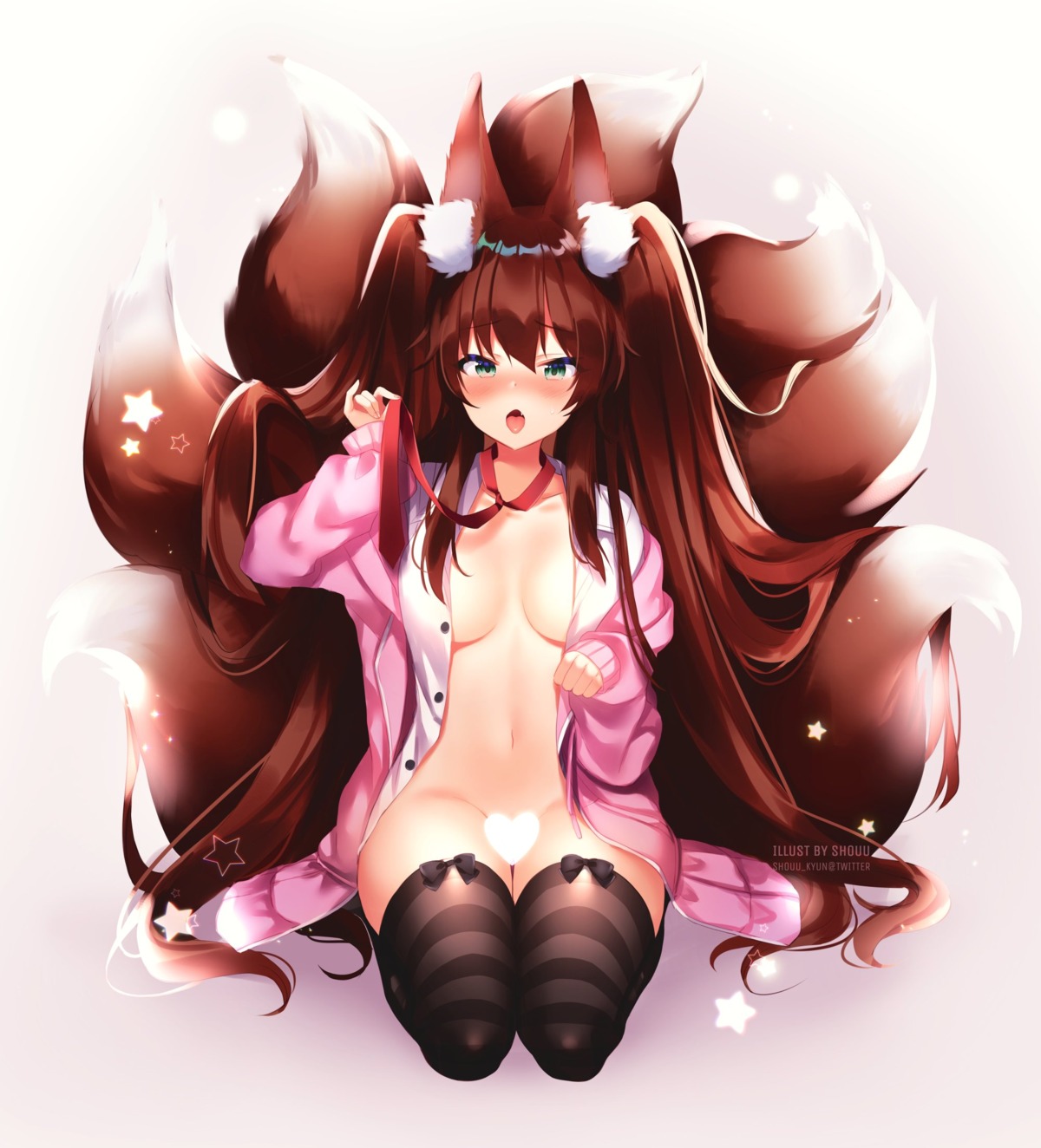 animal_ears bottomless censored kitsune no_bra open_shirt plushmallow seifuku shouu-kun sweater tail thighhighs