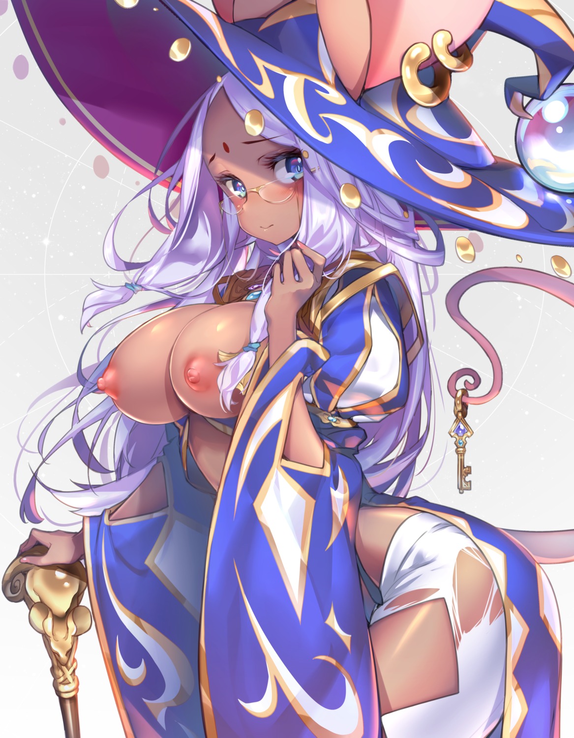 breasts hong_(white_spider) megane nipples no_bra tail torn_clothes weapon witch