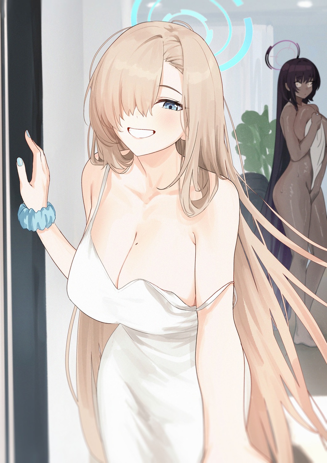 blue_archive dress halo ichinose_asuna kakudate_karin naked no_bra nonbire towel