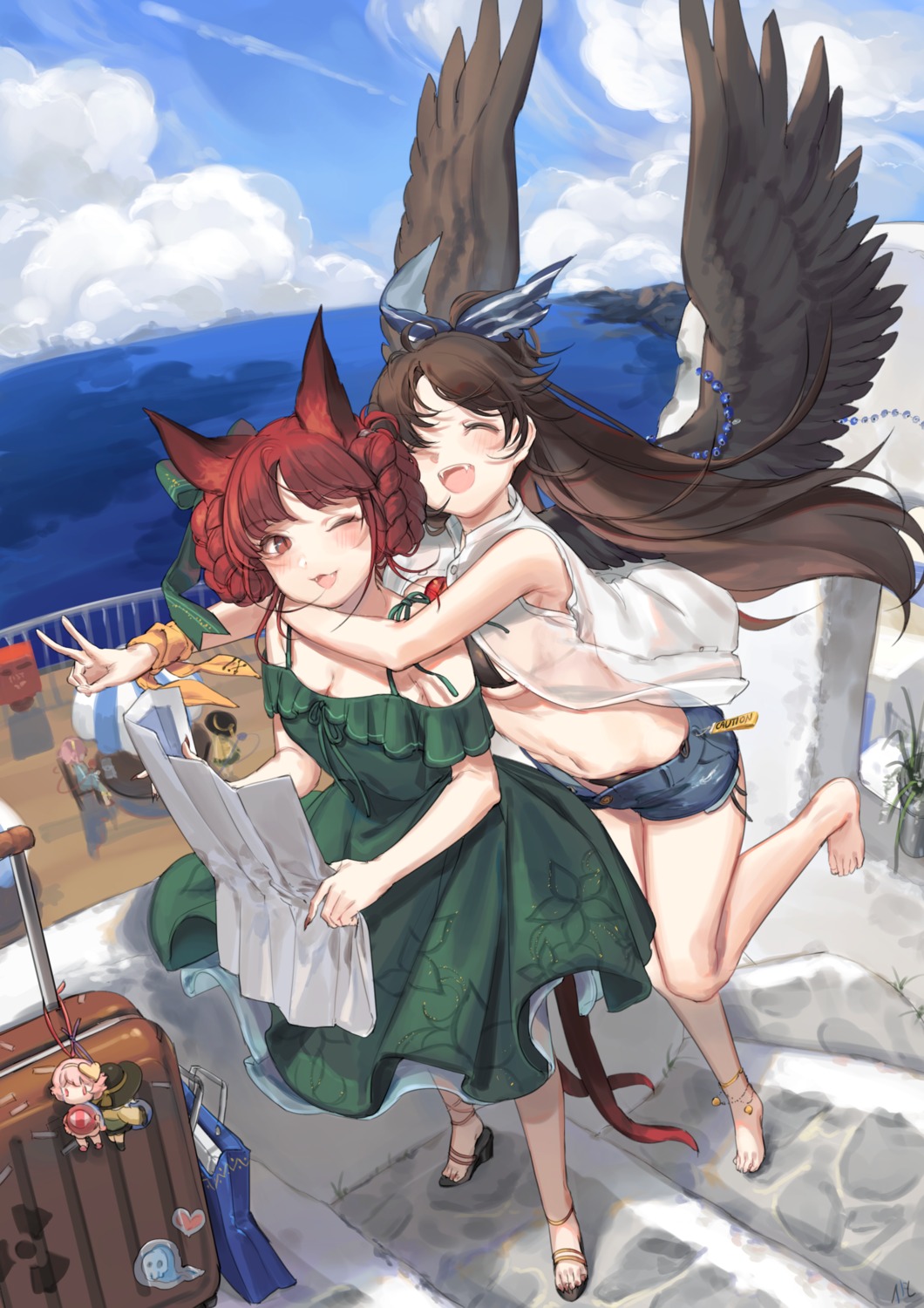 animal_ears bikini cleavage dress heels kaenbyou_rin open_shirt reiuji_utsuho see_through shan swimsuits touhou underboob wings