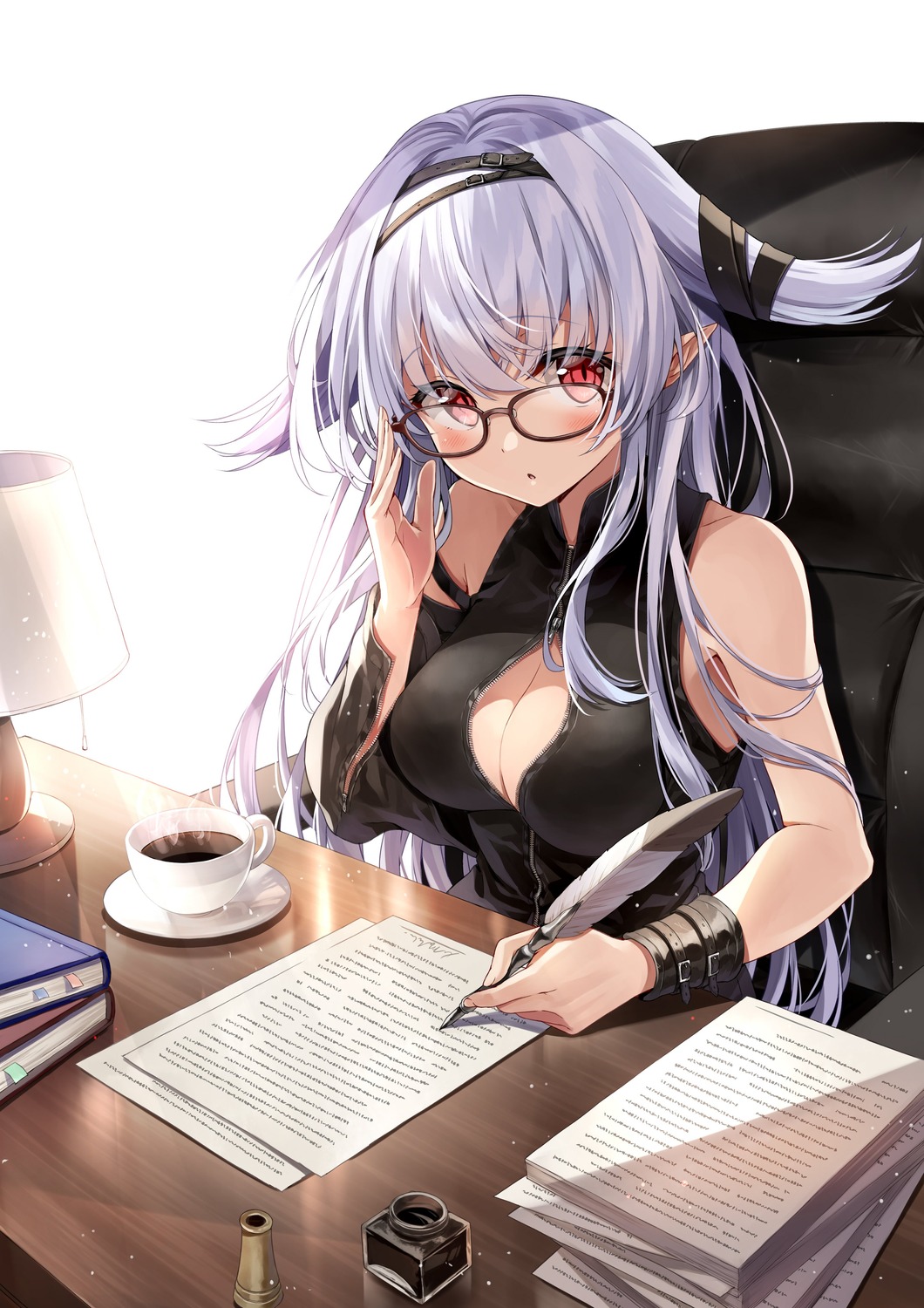 cleavage kakao_rantan megane no_bra open_shirt pointy_ears sentouin_hakenshimasu! viper_(sentouin_hakenshimasu!)