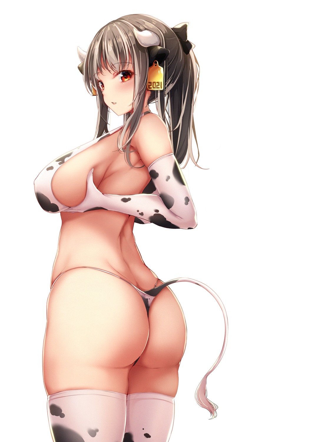 animal_ears ass bikini breast_hold cucchiore erect_nipples horns swimsuits tail thighhighs thong