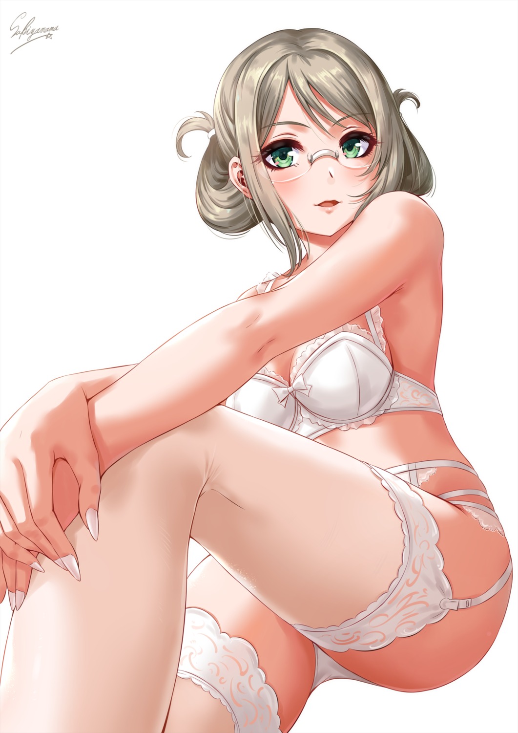 bra cleavage garter_belt kantai_collection katori_(kancolle) lingerie megane sakiyamama stockings thighhighs