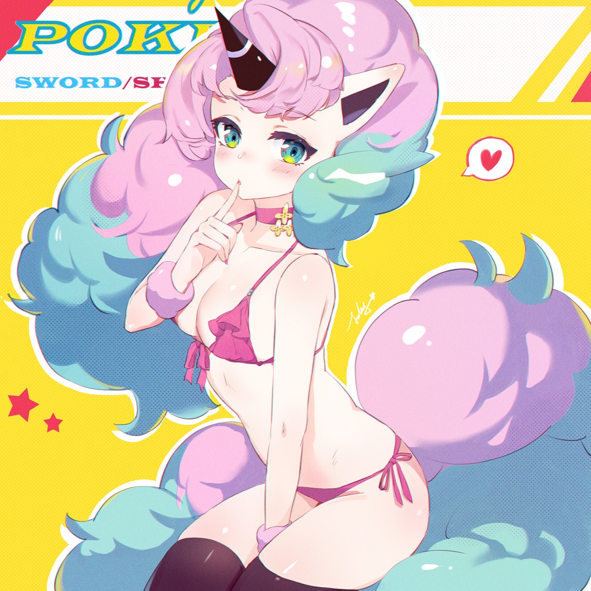 bikini breast_hold galarian_ponyta horns jiujiuyatou_(yayanzz) pointy_ears pokemon pokemon_swsh swimsuits tail thighhighs