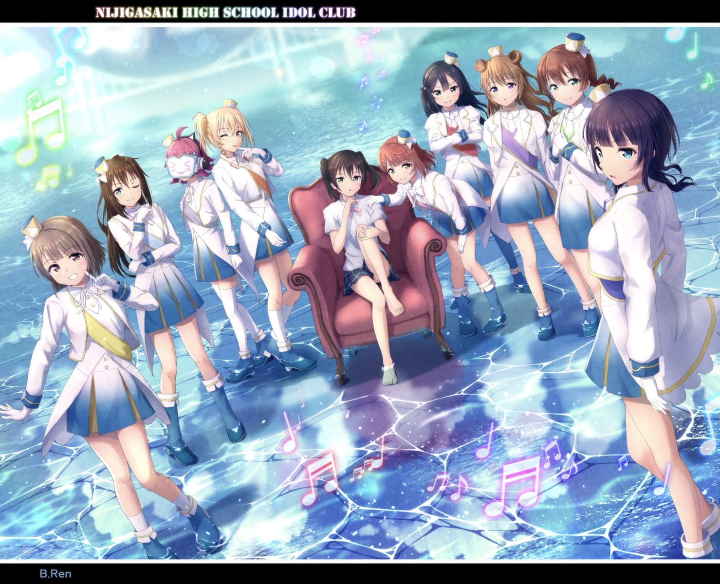 asaka_karin b.ren emma_verde headphones heels konoe_kanata love_live!_nijigasaki_high_school_idol_club miyashita_ai nakasu_kasumi ousaka_shizuku seifuku skirt_lift takasaki_yuu tennouji_rina thighhighs uehara_ayumu uniform wet yuuki_setsuna