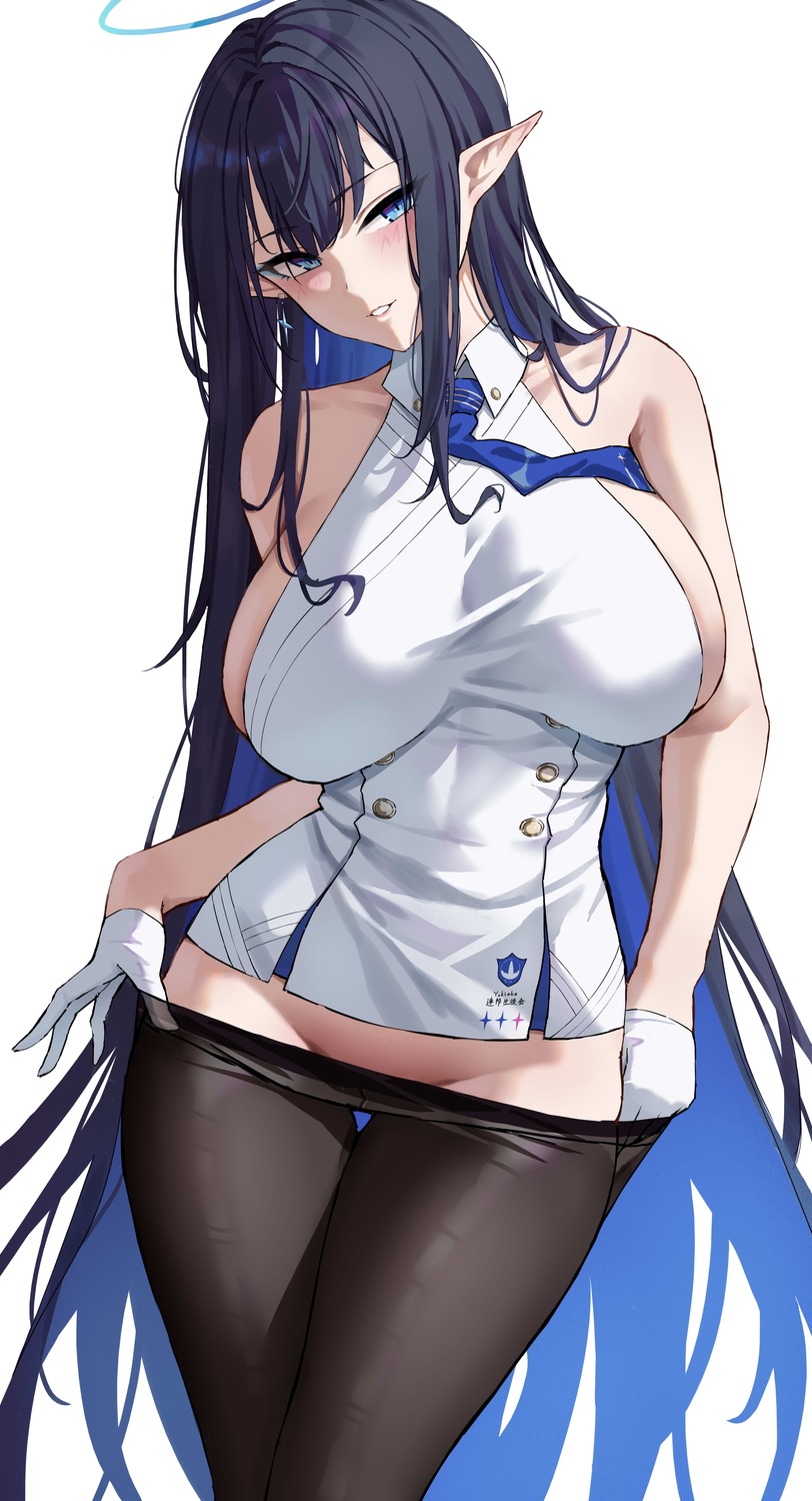 blue_archive halo nanagami_rin no_bra pantyhose pointy_ears undressing uniform yukiaka