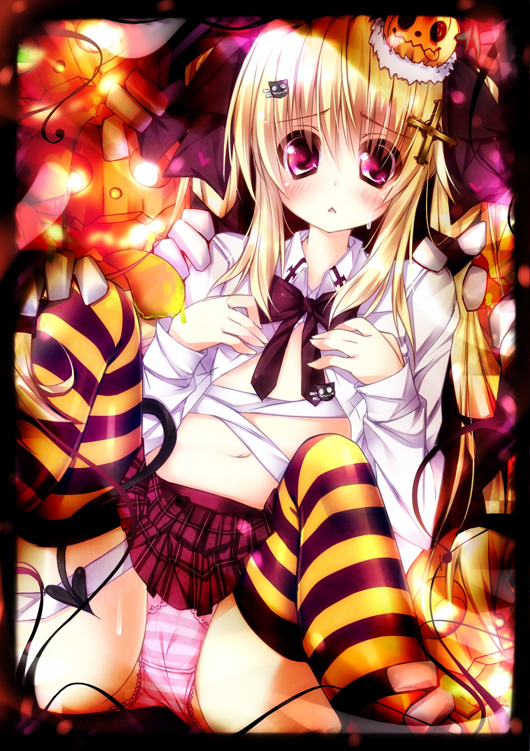 halloween no_bra ojitea open_shirt pantsu shimapan skirt_lift stockings tail thighhighs