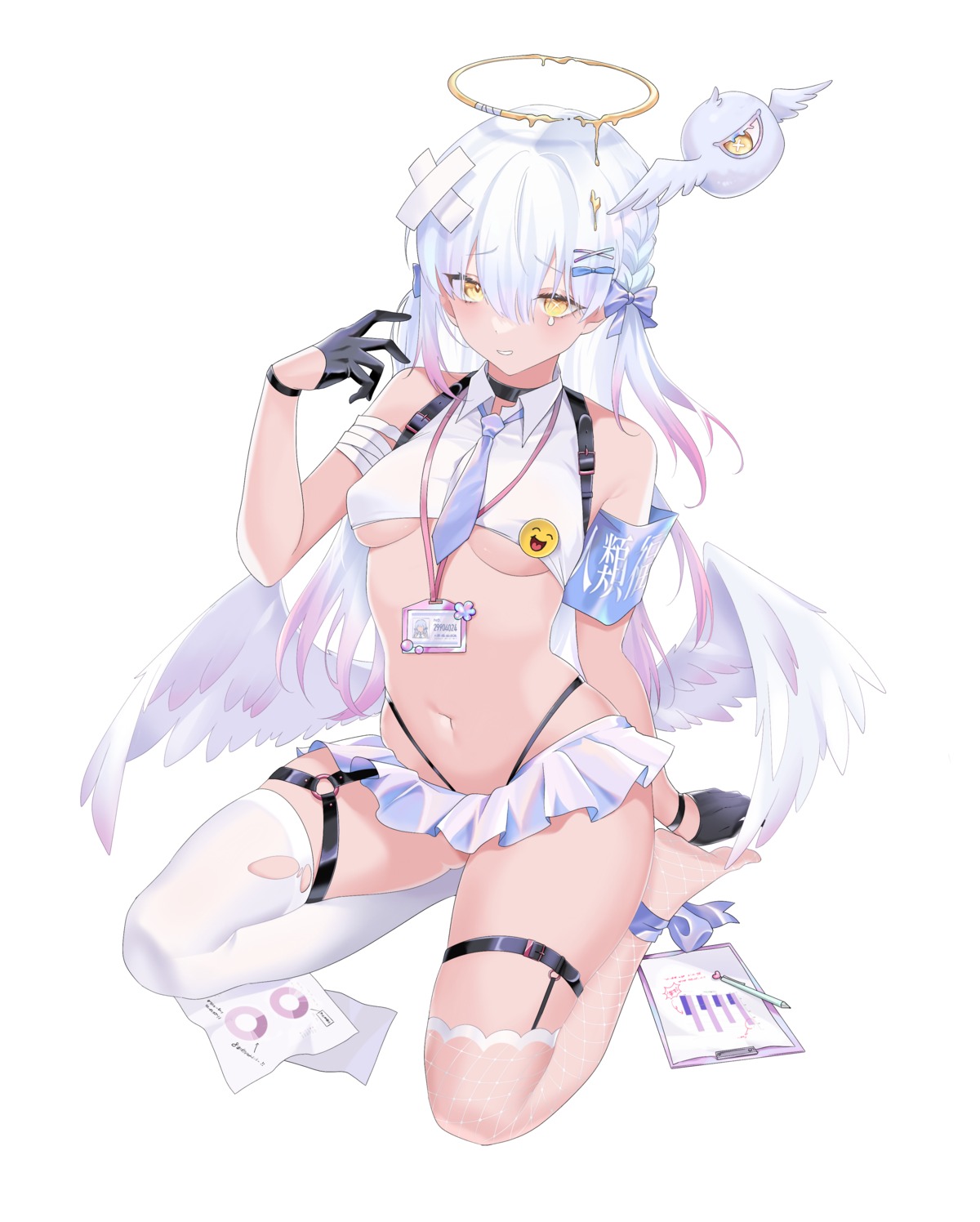 angel bandages bandaid fishnets garter no_bra oxygen_mask_(oxygenmask233) pantsu stockings thighhighs torn_clothes underboob wings