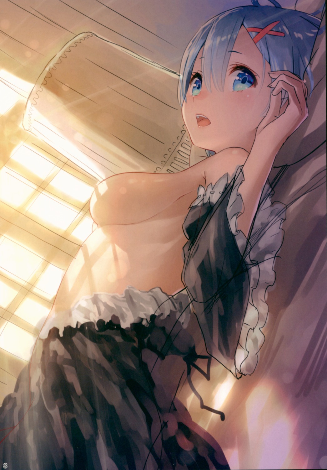 breasts kamikire_basami maid no_bra open_shirt re_zero_kara_hajimeru_isekai_seikatsu rem_(re_zero) yasuyuki